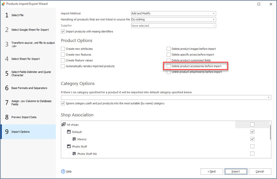 Import Options Step During Products Accessories Import with Store Manager