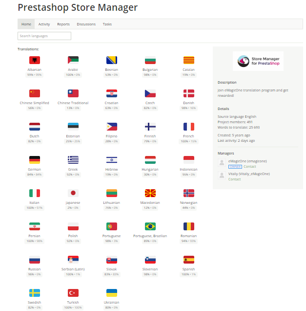 Traduction de Store Manager pour PrestaShop - la liste des projets