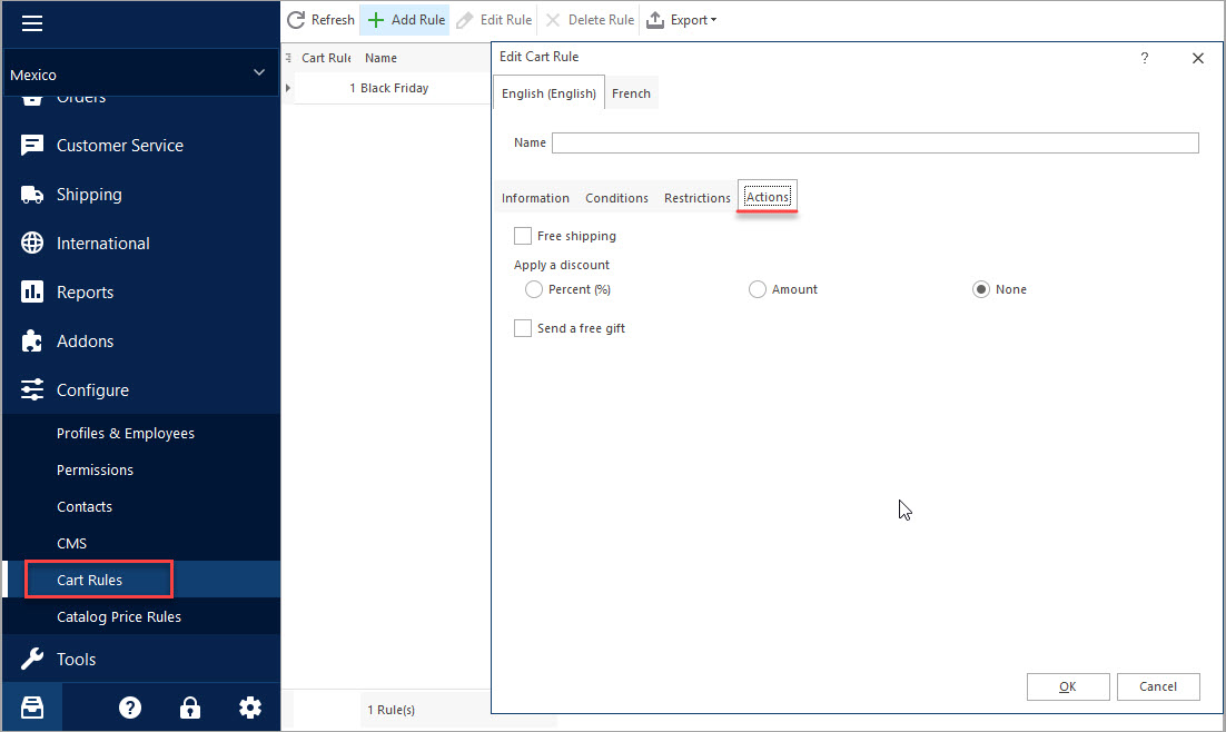 Add PrestaShop Cart Rules with eMagicOne Store Manager Actions Tab