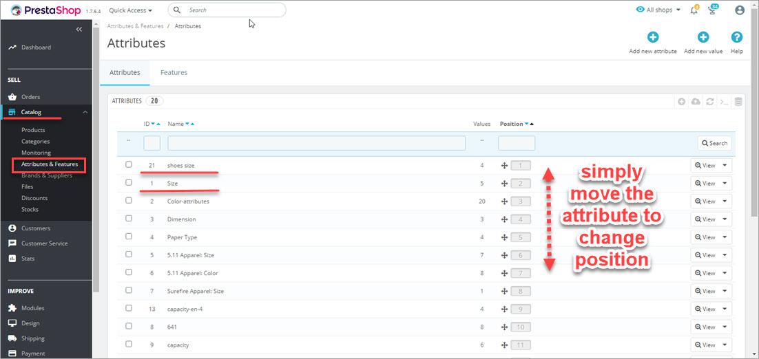 Change PrestaShop Attributes Sort Order Backend
