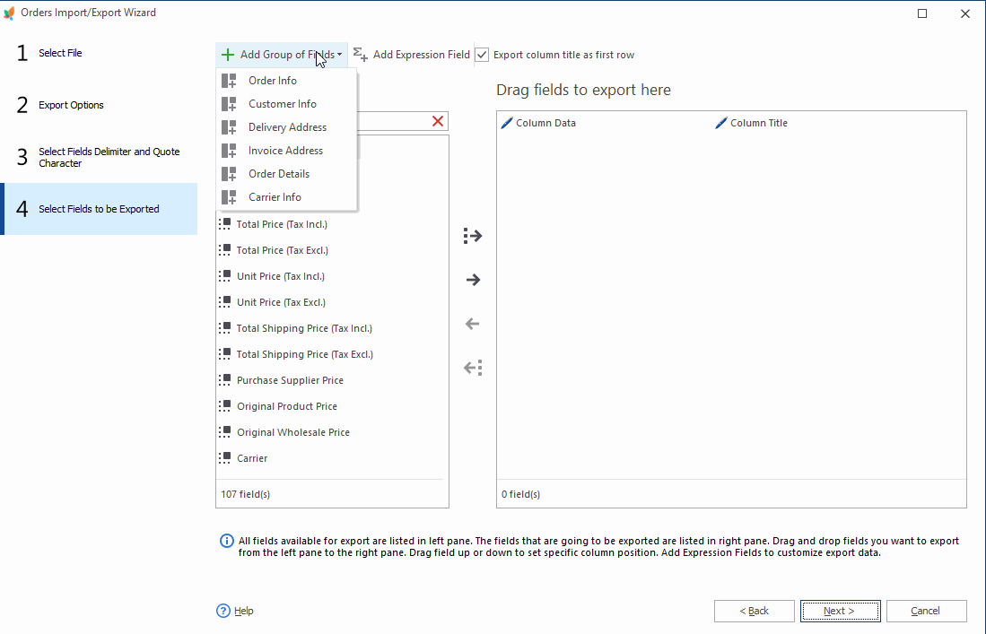 Fields to Export Prestashop Orders by eMagicOne