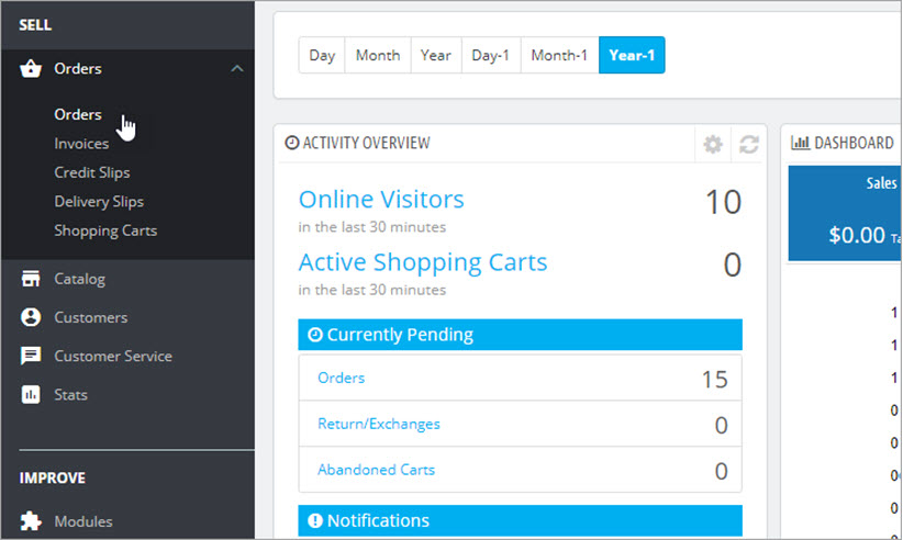Open Orders Dropdown and Select Orders Settings Open Orders Dropdown and Select Orders Settings at PrestaShop Backend
