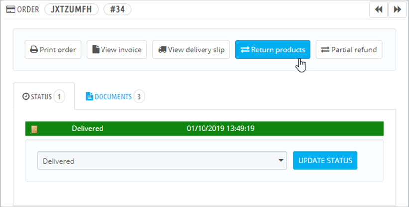 Press on Return Products Button Press on Return Products Button at PrestaShop Backend