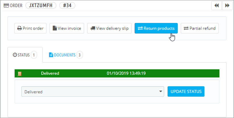 Press on Return Products Button at PrestaShop Backend