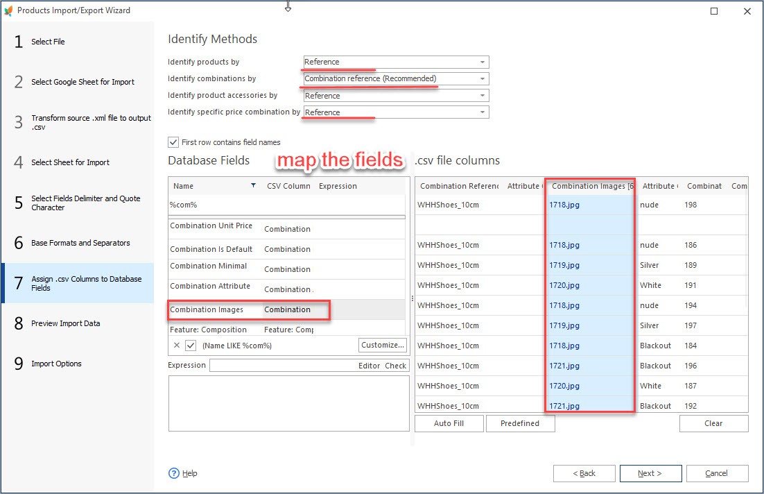 PrestaShop Attribute Combinations Map csv Columns with Database Fields During Import