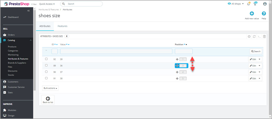 PrestaShop Attributes Change Position of Attribute Values Backend