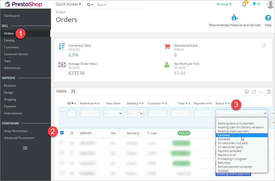 PrestaShop Backoffice Changing Order Status to Cancelled