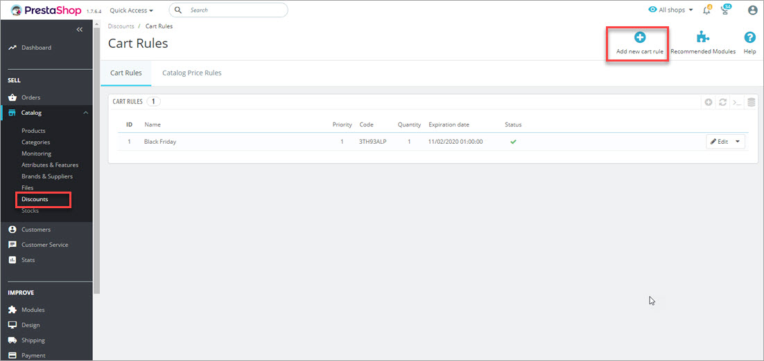 PrestaShop Cart Rules List PrestaShop Backend Cart Rules List Management