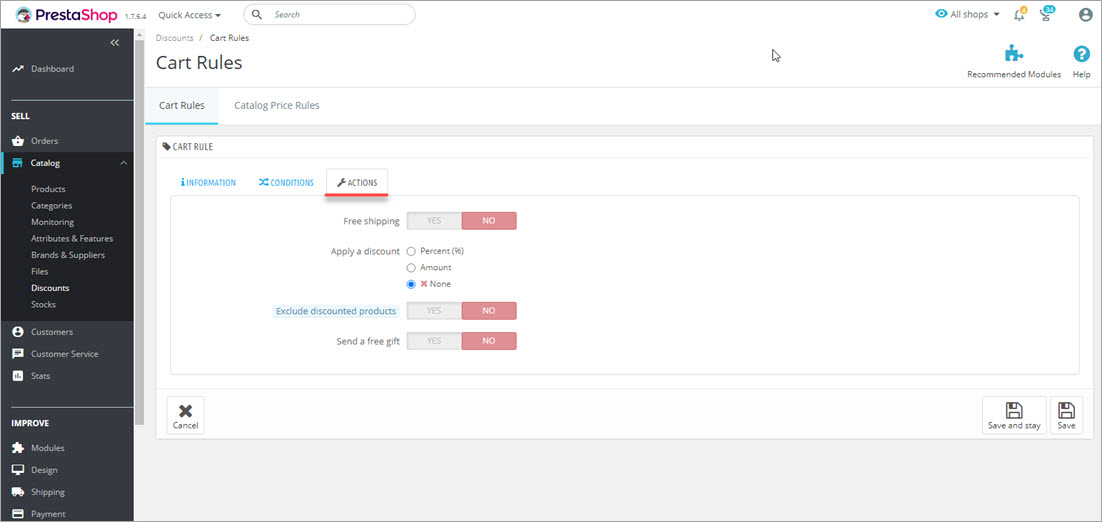 PrestaShop Cart Rules Settings Actions Tab PrestaShop Cart Rules Settings Actions Tab Backend