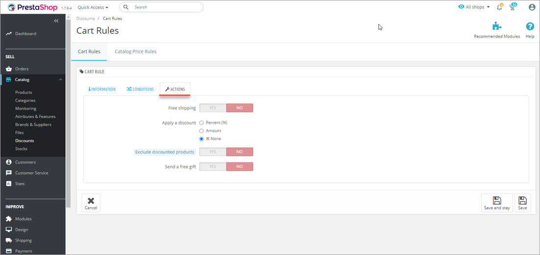 PrestaShop Cart Rules Settings Actions Tab Backend