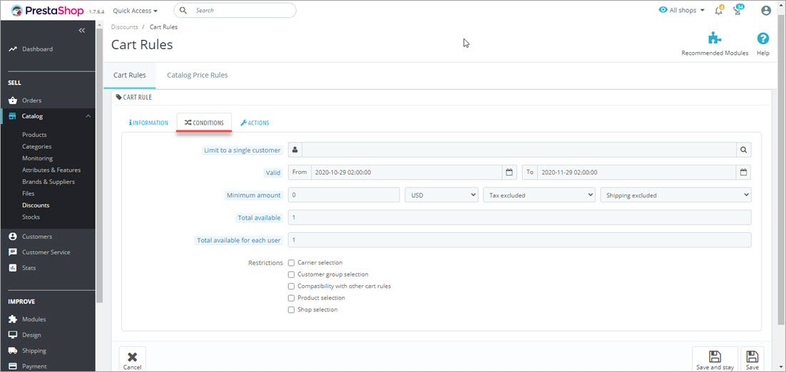 PrestaShop Cart Rules Settings Conditions Tab PrestaShop Cart Rules Settings Conditions Tab Backend
