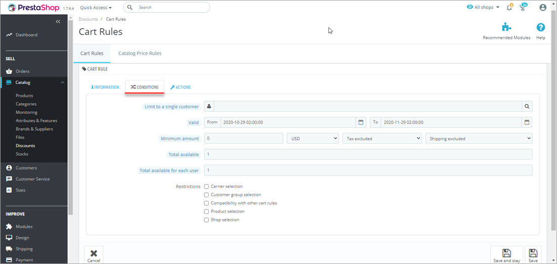 PrestaShop Cart Rules Settings Conditions Tab Backend