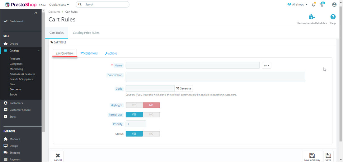 PrestaShop Cart Rules Settings Information Tab PrestaShop Cart Rules Settings Information Tab Backend