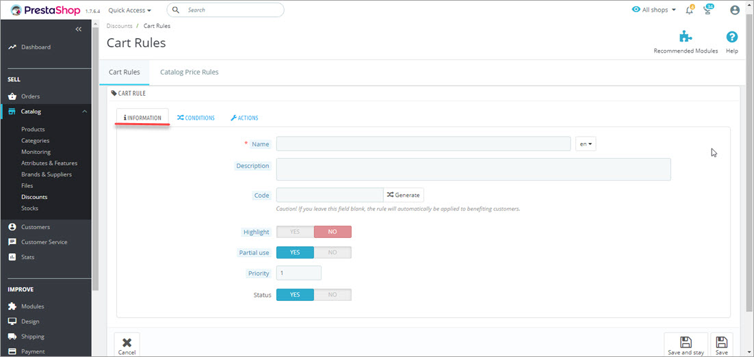 PrestaShop Cart Rules Settings Information Tab Backend