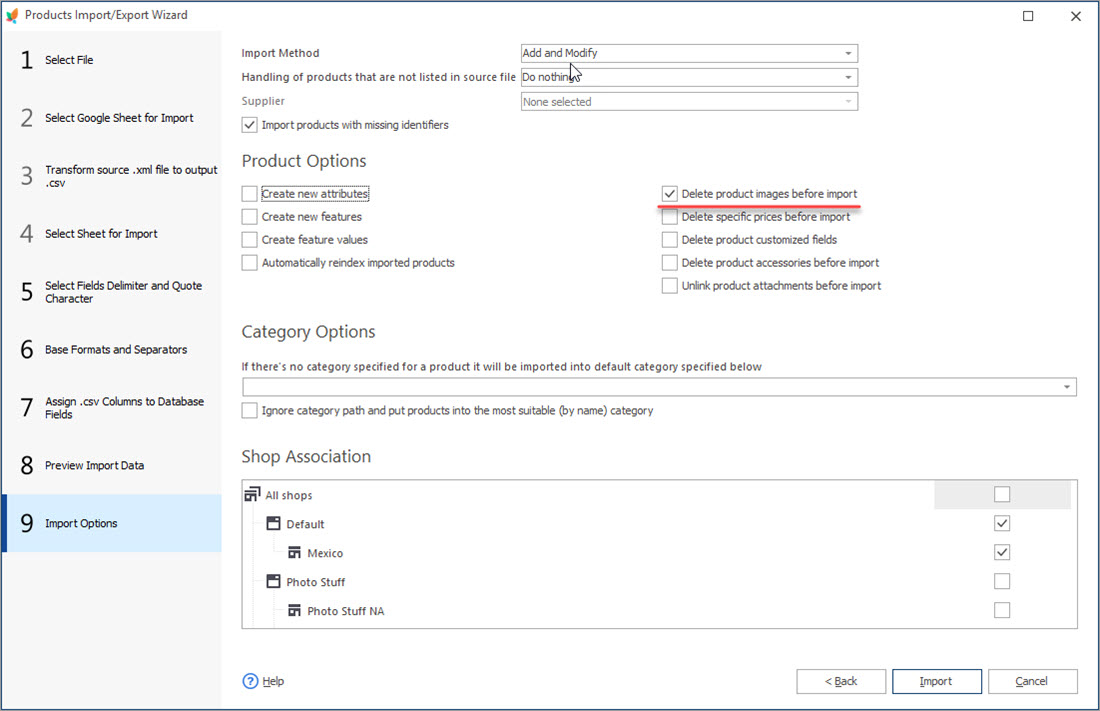 PrestaShop Images Import Options PrestaShop Images Store Manager Import Options