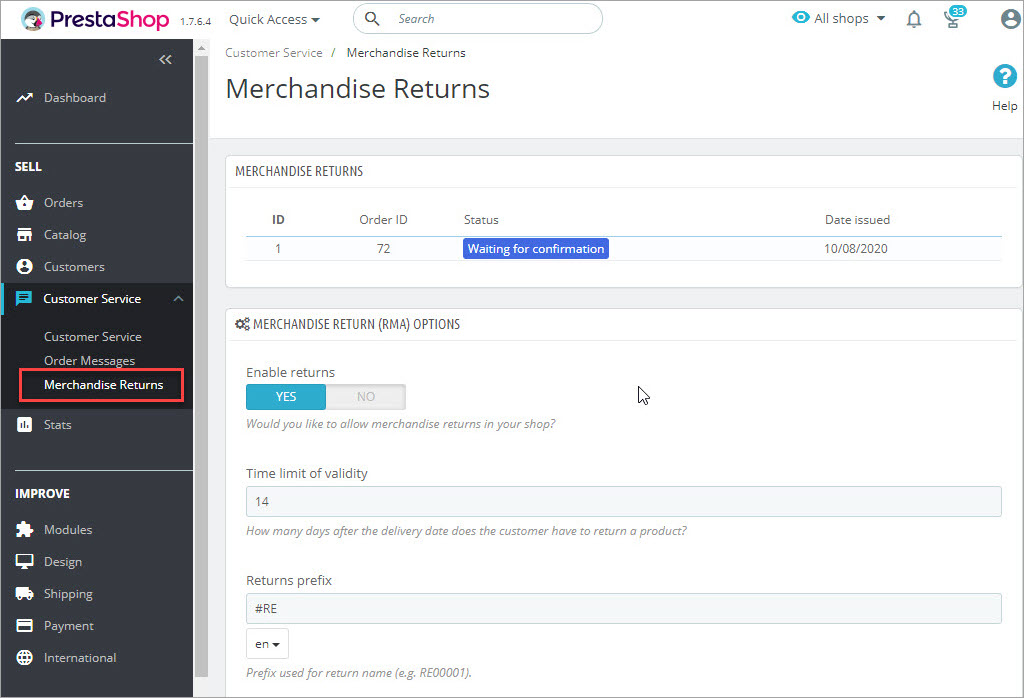 Prestashop Merchandise Returns admin