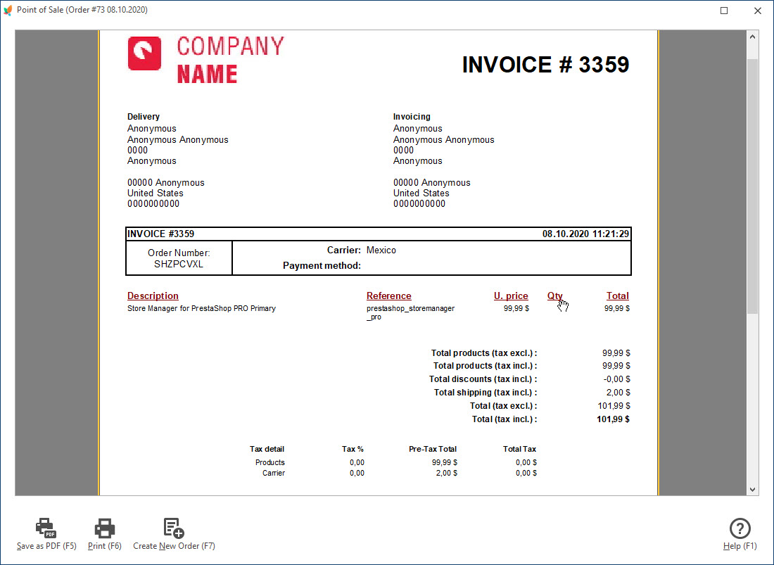 Print PrestaShop Invoice in POS