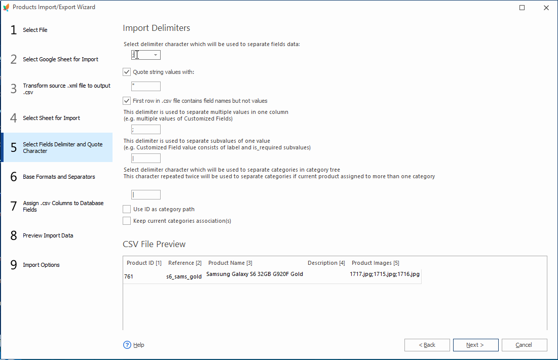 Set Delimiters and Quote Characters on Images Import Wizard