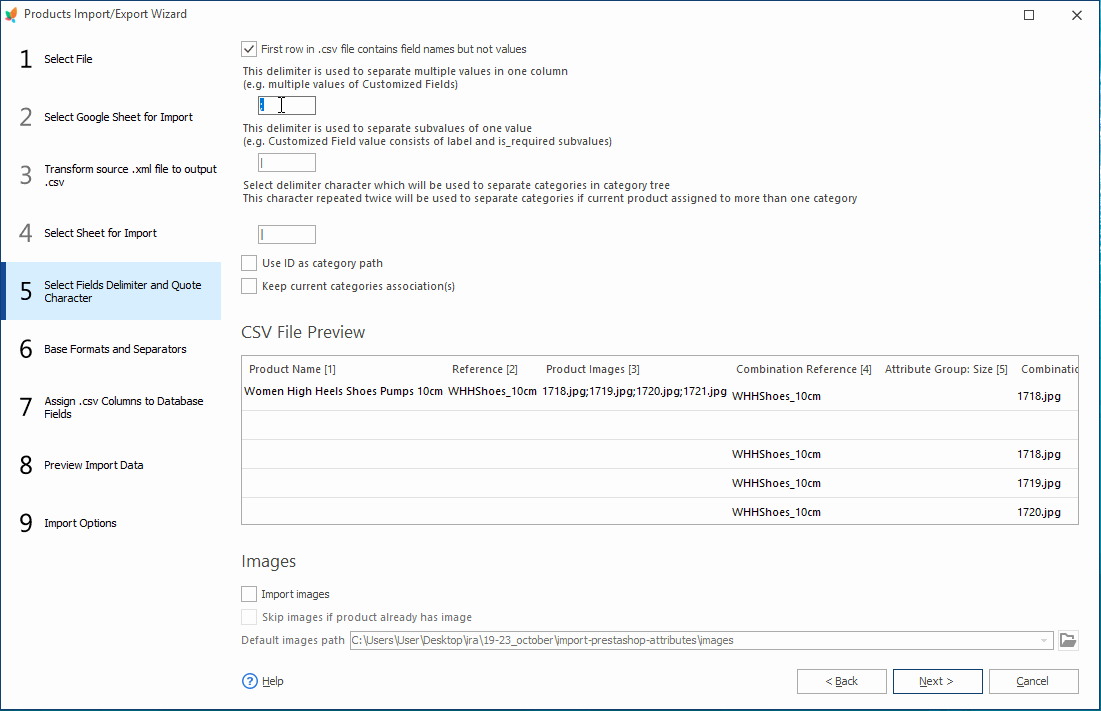 Set Delimiters and Quote Characters on Import Wizard for PrestaShop Combinations Import