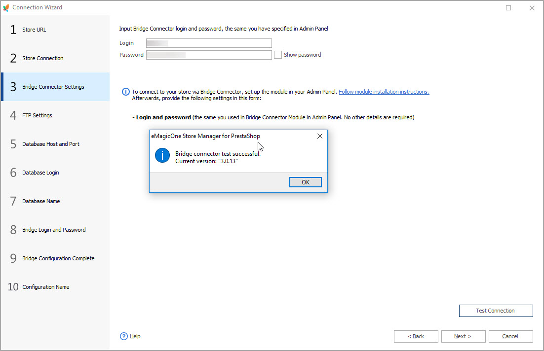 Test Bridge Connector Settings in PrestaShop Store Manager