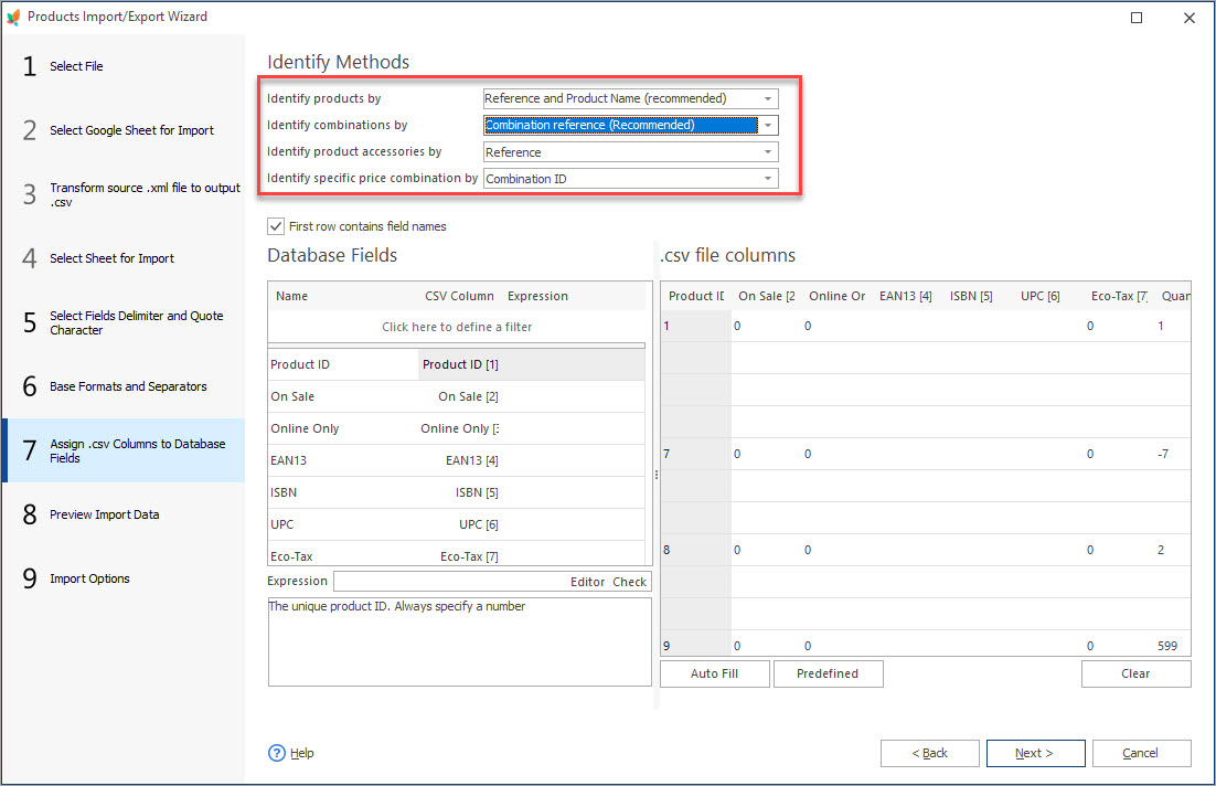 Assign csv Columns to Database Fields during Products Import with eMagicOne