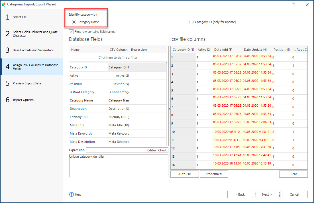 Assign csv columns to Database Fields during Categories import with eMagicOne
