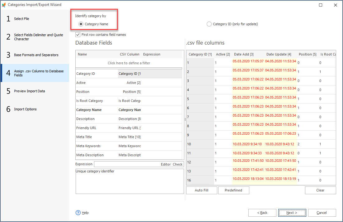Assign csv columns to Database Fields during Categories import Assign csv columns to Database Fields during Categories import with eMagicOne