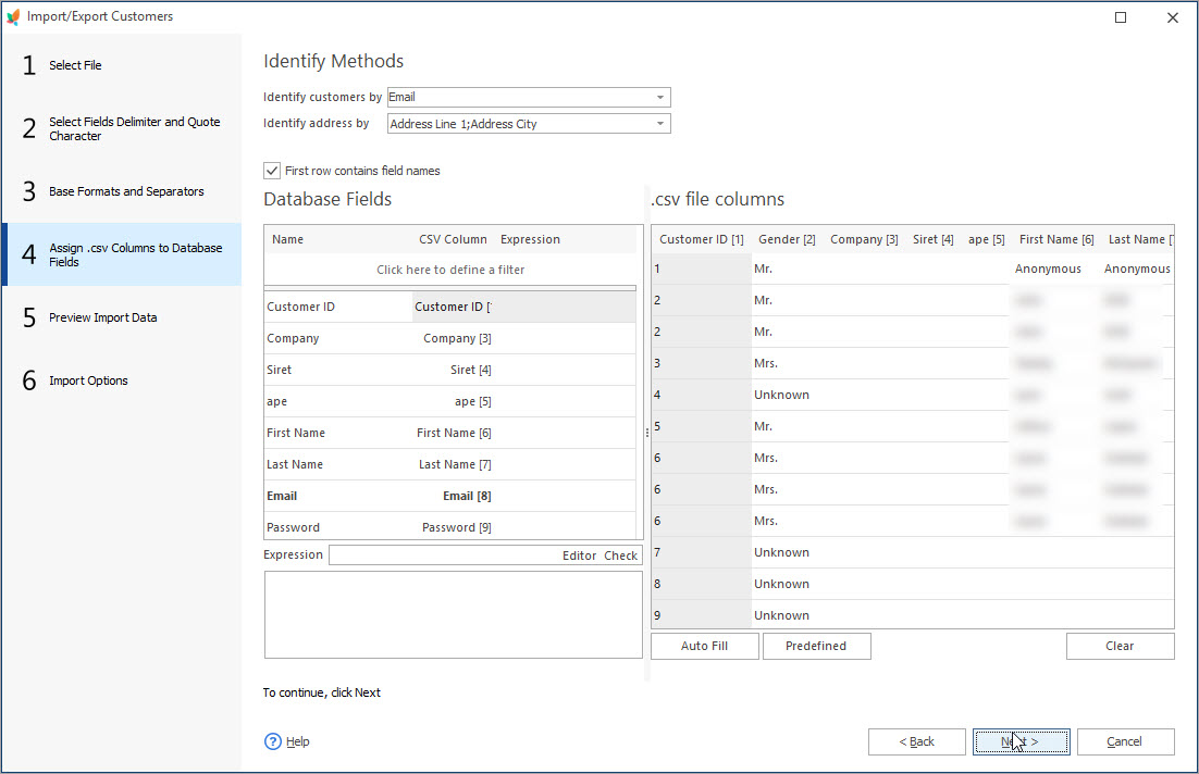 Assign csv Columns to Database Fields during PrestaShop Customers Import with eMagicOne