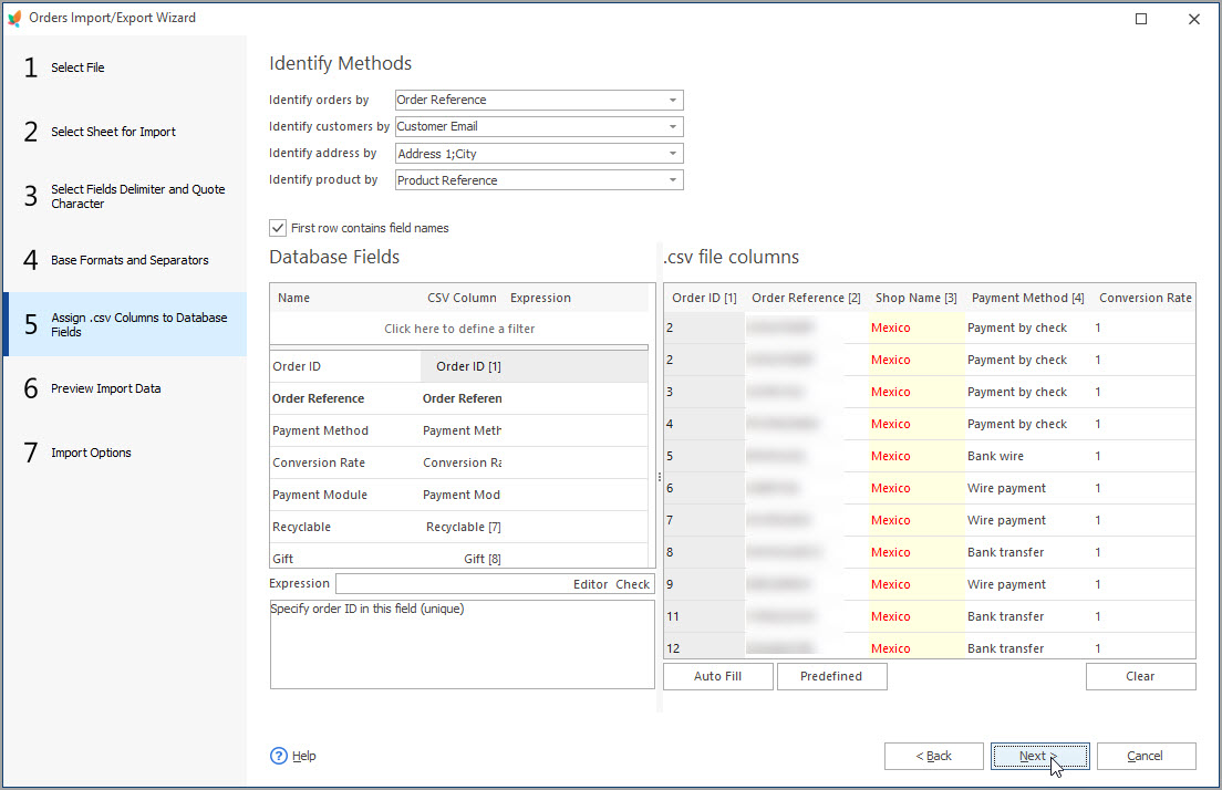 Assign csv Columns to Database Fields during PrestaShop Orders Import with eMagicOne