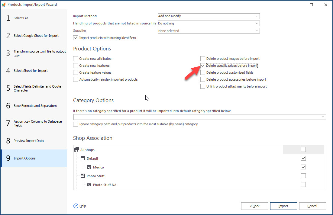 Delete PrestaShop Specific Price before Import Options with eMagicOne