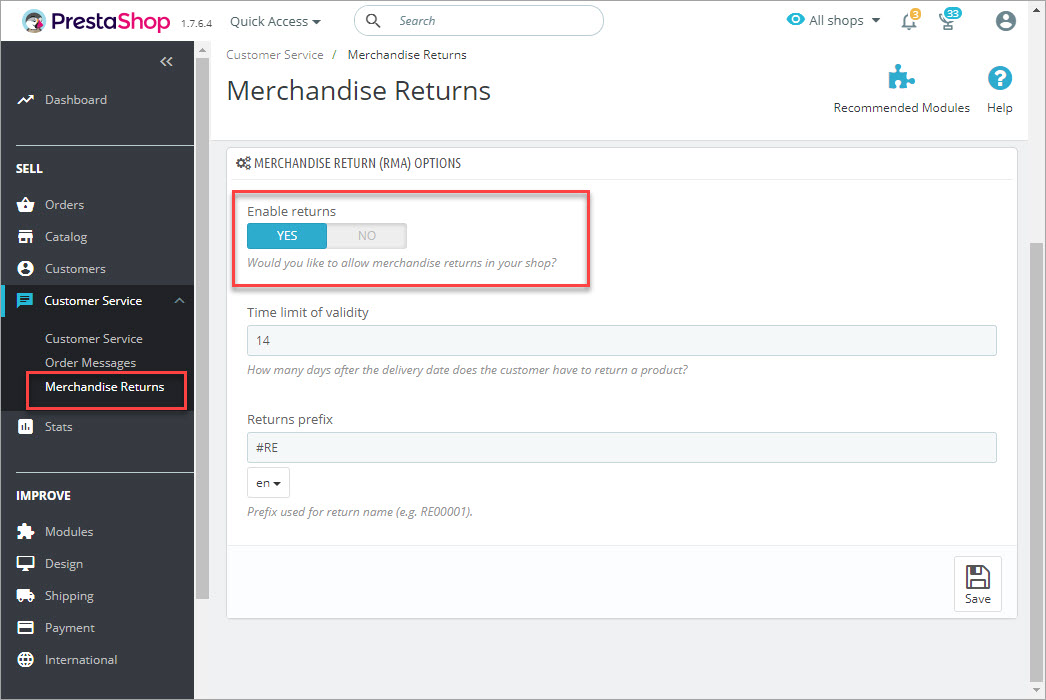 PrestaShop Merchandise Returns Settings