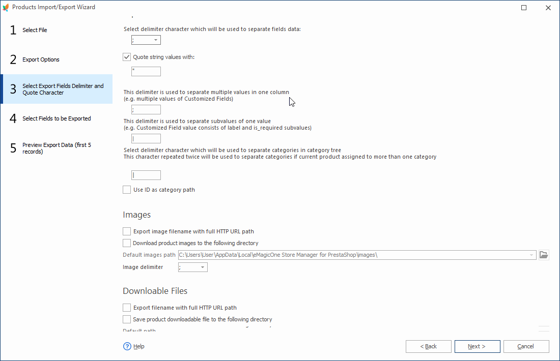 Select Export Fields Delimeters and Quote Characters PrestaShop Products Export with eMagicOne