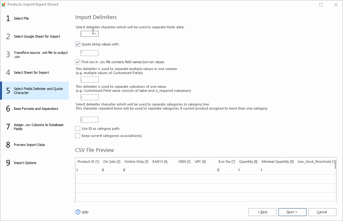 Select Fields Delimiters and Quote Character during PrestaShop Products Import with eMagicOne