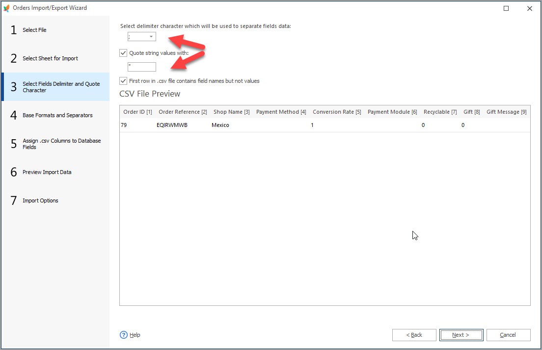 Select Fields Delimiters for PrestaShop Orders Import with eMagicOne