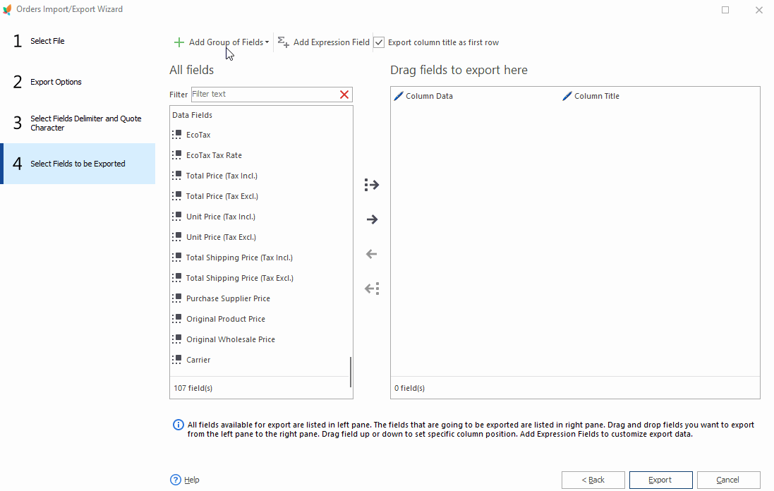 Select Fields for Orders Export with eMagicOne