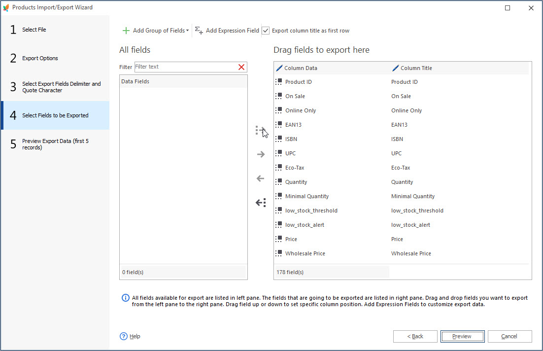 Select Fields for PrestaShop Products Export with eMagicOne