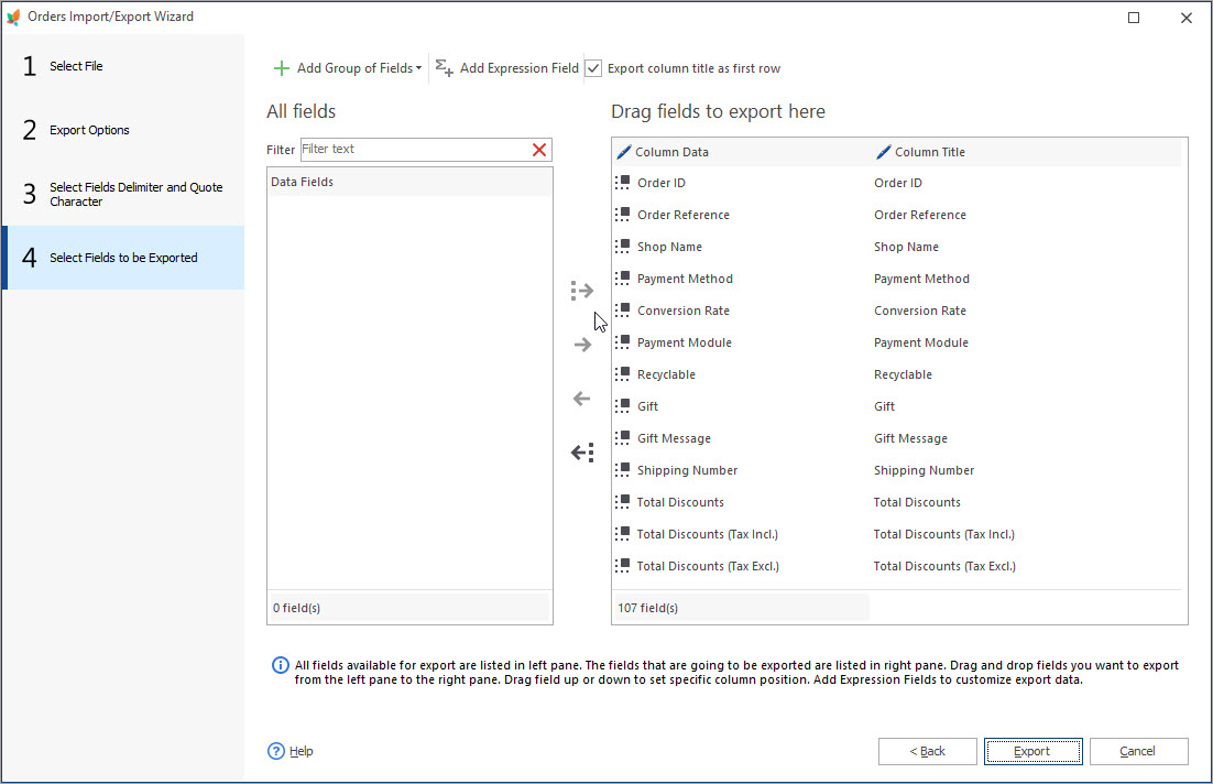 Select Fields to be Exported for PrestaShop Orders Export with eMagicOne