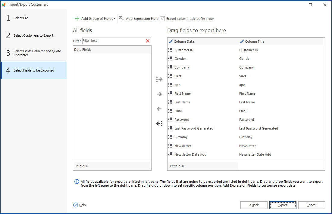 Select Fields to be Exported During PrestaShop Customers Export with eMagicOne