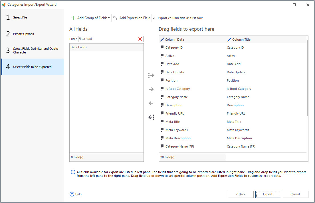 Select Fields for Categories Export with eMagicOne