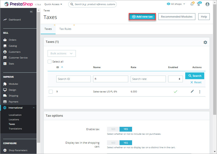 Add New Tax at PrestaShop Backend Settings