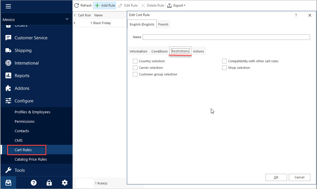 Add PrestaShop Cart Rules with eMagicOne Store Manager Restrictions Tab