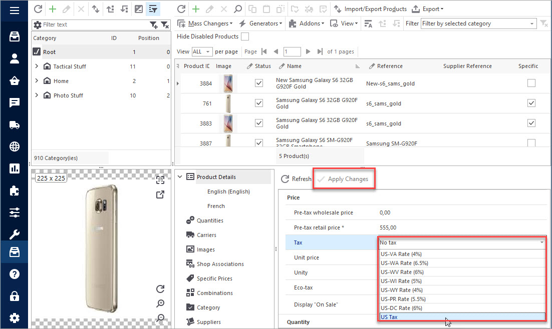 Add PrestaShop Tax to Product with Store Manager