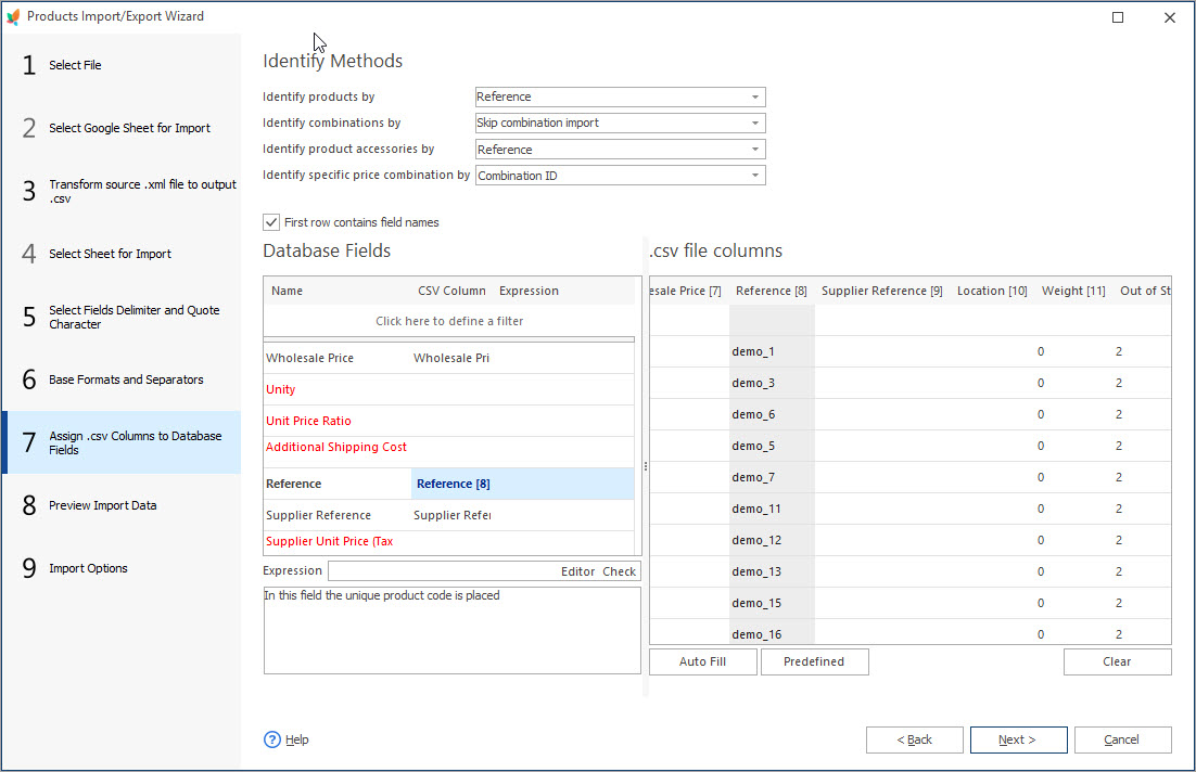 Assign CSV Columns to Database Fields During Products Import from XML File