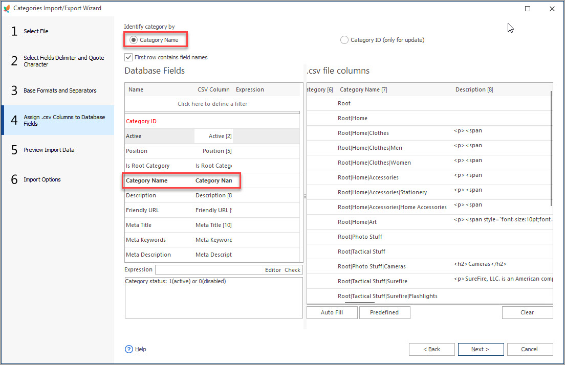 Assign CSV Columns to Database Fields During PrestaShop Categories Import