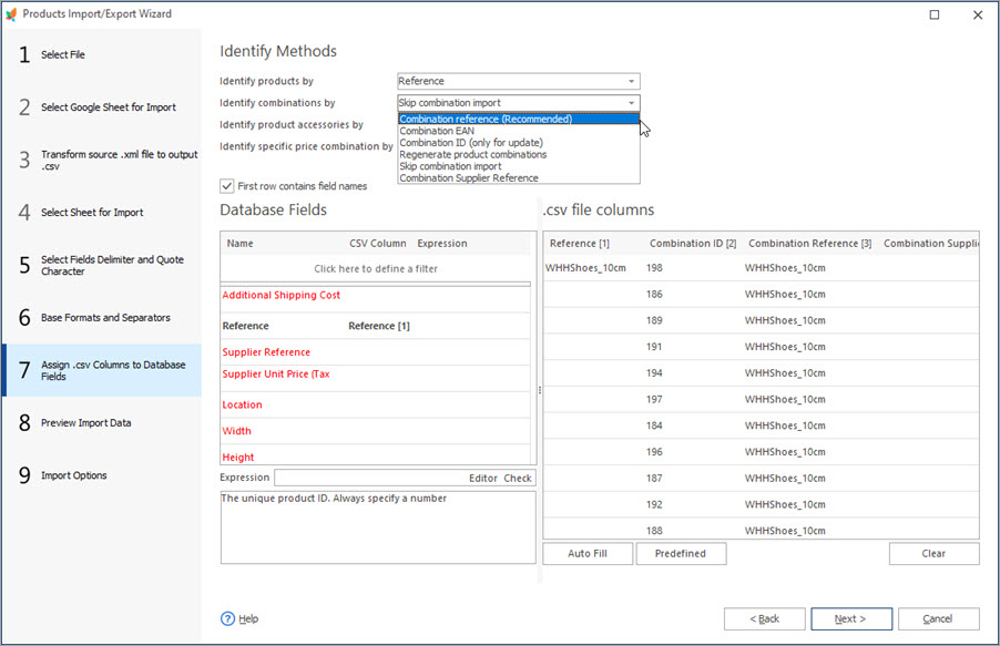 Assign CSV Columns to Database Fields During Combinations Import with Store Manager