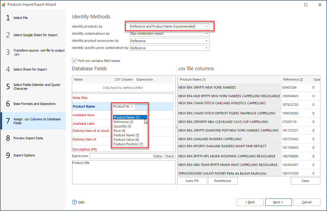 Assign CSV Columns to Database Fields During Products Features Import