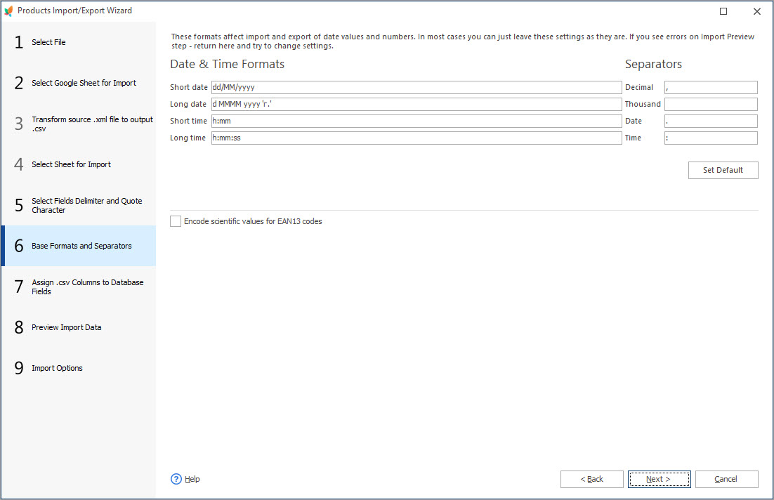 Base Formats and Separators Set Base Formats and Separators During Import
