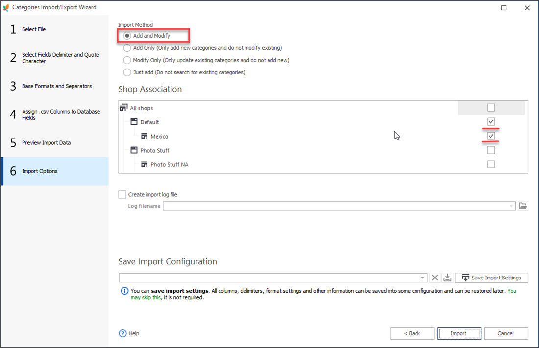 Categories Import Options Step PrestaShop Categories Import Options Step