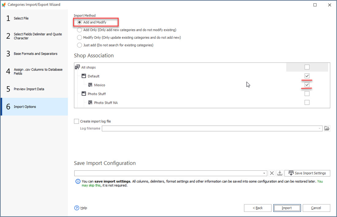 PrestaShop Categories Import Options Step