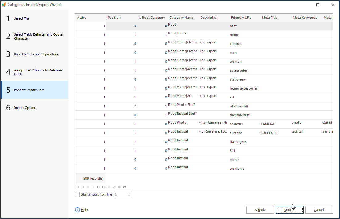 PrestaShop Category Import File Preview Step